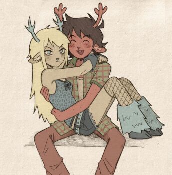 1boy 1girl :d ^_^ aged_down animal_ears antlers arms_around_neck arms_around_waist bare_shoulders black_nails blonde_hair blue_arm_warmers blue_bow blue_eyes blue_leg_warmers blue_shirt blue_shorts bow breasts brown_hair brown_pants carol_holiday closed_eyes commentary deer_ears deltarune denim denim_shorts english_commentary fishnet_socks fishnets furry furry_female furry_male highres hooves horns jacket leg_warmers long_hair medium_hair open_clothes open_jacket open_mouth pants plaid_clothes plaid_jacket reindeer_antlers reindeer_boy reindeer_girl rudolph_holiday shirt shorts sitting sitting_on_person small_breasts smile socks szivarvanyturmix02 utdr_(toby_fox)