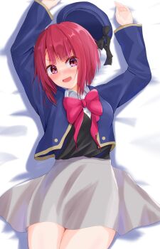 1girl absurdres arima_kana arms_up beret black_sweater_vest blue_hat blue_jacket blush bob_cut bow bowtie dress dress_shirt fugi_(nyanpasu_axela) hat hat_ribbon highres inverted_bob jacket looking_at_viewer lying medium_hair midriff open_mouth oshi_no_ko red_eyes red_hair ribbon school_uniform shirt skirt smile solo sweater_vest thighs unworn_headwear white_shirt youtou_high_school_uniform