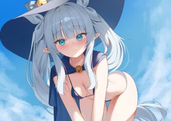 Rule 34 | 1girl, all fours, bare shoulders, bell, bikini, blue bikini, blue cape, blue eyes, blue sky, blush, breasts, cape, cleavage, closed mouth, cloud, commentary, commission, dungeon and fighter, hair ribbon, hat, highres, jingle bell, long hair, looking at viewer, n4 h4m, original, outdoors, pointy ears, ribbon, sidelocks, sky, small breasts, smile, solo, strap gap, string bikini, swimsuit, thigh gap, thighs, twintails, very long hair, white hair, white hat, witch hat