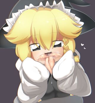 1girl black_eyes black_hat black_vest blonde_hair blush braid commentary_request cookie_(touhou) grey_background hair_between_eyes hat heart highres kirisame_marisa lets0020 long_bangs long_sleeves looking_at_viewer multiple_tongues open_mouth saliva short_hair simple_background single_braid sleeves_past_fingers sleeves_past_wrists smile solo touhou upper_body vest witch_hat yuuhi_(cookie)
