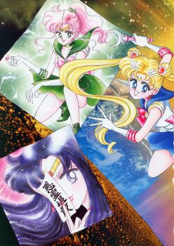 1990s_(style) :d absurdres artbook bishoujo_senshi_sailor_moon blue_eyes blue_sailor_collar blue_skirt choker closed_mouth crescent crescent_facial_mark double_bun earrings earth_(planet) facial_mark fingernails forehead_mark gloves green_choker green_eyes green_sailor_collar green_shoes green_skirt hair_bun highres hino_rei holding holding_ofuda holding_weapon incredibly_absurdres inner_senshi inset jewelry kino_makoto lips long_hair magical_girl moon_stick_(sailor_moon) nail_polish official_alternate_hair_color official_art ofuda open_mouth pale_skin pink_hair pink_lips planet ponytail purple_eyes purple_hair red_choker red_nails retro_artstyle sailor_collar sailor_jupiter sailor_mars sailor_moon sailor_senshi sailor_senshi_uniform scan shoes skirt smile squatting star_(symbol) star_earrings takeuchi_naoko tsukino_usagi wavy_hair weapon white_gloves