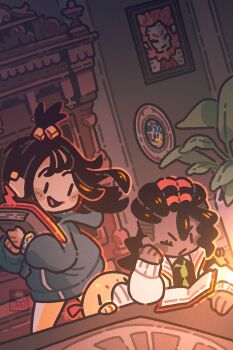 1boy 1girl blue_hoodie book commentary cube_hair_ornament dark-skinned_male dark_skin dreadlocks earclip english_commentary floette gen_4_pokemon gen_5_pokemon gen_6_pokemon green_necktie hair_ornament highres holding holding_book hood hood_down hoodie indoors leggings lida_(pokemon) lysandre_(pokemon) naveen_(pokemon) necktie nintendo one_eye_closed open_mouth orange_leggings petite_echorizon plant pokemon pokemon_(creature) pokemon_legends:_z-a reading rotom rotom_phone scraggy smile topknot two-tone_legwear white_leggings wispy_bangs