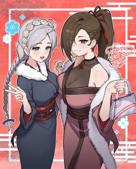 Rule 34 | 2026, 2girls, absurdres, ahoge, alternate costume, blue eyes, braid, breasts, brown eyes, brown hair, commission, commissioner upload, crystal earrings, earrings, fire emblem, fire emblem fates, hair over one eye, hairband, happy new year, highres, iffyru, jewelry, kagero (fire emblem), large breasts, long hair, looking at viewer, low twin braids, low twintails, medium breasts, multiple girls, new year, nina (fire emblem), nintendo, non-web source, parted bangs, ponytail, twin braids, twintails, vgen commission, white hair