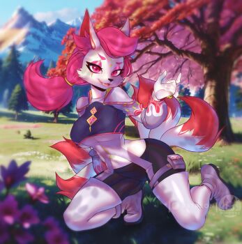 1girl 2024 animal_ears body_fur breasts epic_games fang female_focus flower fortnite fox fox_ears fox_girl fox_tail furry furry_female kimiko_five-tails kitsune looking_at_viewer medium_breasts multicolored_tail multiple_tails open_mouth personification pink_eyes pink_hair purrynx shoes smile solo solo_focus tail teeth tight_clothes tree white_fur