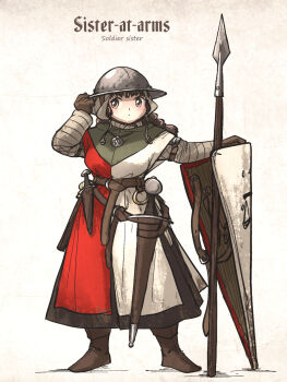 1girl armor balance_scale_print belt bonnet breasts brown_gloves brown_hair dagger full_body gloves high-waist_belt highres ironlily kettle_helm knife medieval ordo_mediare_sisters_(ironlily) pauldrons polearm scapular sheath sheathed shield shoulder_armor solo spear standing sword twin_braids_sister_(ironlily) weapon