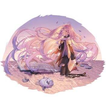 1girl artist_request black_dress black_panties black_pantyhose dress flight_deck full_body highres kneeling long_hair looking_at_viewer official_art open_mouth oriskany_(warship_girls_r) panties pantyhose partially_submerged red-framed_eyewear red_eyes rigging sunset torn_clothes torn_dress torn_pantyhose transparent_background underwear unworn_eyewear very_long_hair warship_girls_r