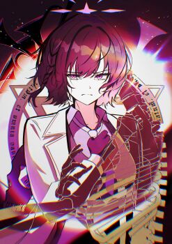 1girl absurdres black_gloves blue_archive coat collared_shirt commentary_request gloves halo highres himmel_gewalt long_sleeves necktie purple_eyes purple_halo purple_necktie purple_shirt shirt short_braid short_hair skeletal_hand skull solo subaru_(blue_archive) upper_body white_coat