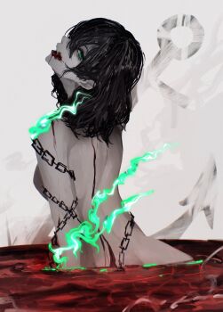 1girl anchor back black_hair blood blood_from_mouth butt_crack chain fangs fire fog green_eyes green_fire highres long_hair looking_at_viewer looking_back mitsusame murasa_minamitsu no_headwear nude open_mouth partially_submerged pool_of_blood solo touhou white_background