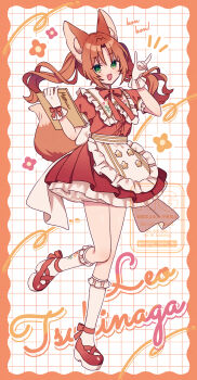 1girl amagi_hana animal_ears apron back_bow bow bowtie commentary dress ensemble_stars! fang flower_symbol fox_ears fox_girl fox_shadow_puppet fox_tail frilled_apron frilled_gloves frilled_shirt_collar frilled_socks frills full_body genderswap genderswap_(mtf) gloves green_eyes highres holding holding_menu kneehighs layered_dress leg_up maid_apron menu open_mouth platform_shoes puffy_short_sleeves puffy_sleeves puritan_collar red_bow red_bowtie red_dress rocking_horse_shoes short_sleeves sidelocks socks solo standing standing_on_one_leg tail tsukinaga_leo twintails wavy_hair white_bow white_gloves white_socks