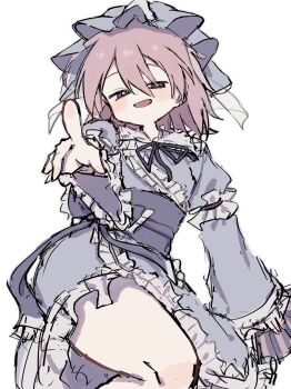 1girl blue_hat blue_kimono blush folding_fan frilled_kimono frilled_sleeves frills hair_between_eyes hand_fan hat highres holding holding_fan index_finger_raised japanese_clothes kimono long_sleeves looking_at_viewer maruten_moko mob_cap open_mouth pink_hair red_eyes saigyouji_yuyuko short_hair simple_background solo thighs touhou triangular_headpiece white_background wide_sleeves