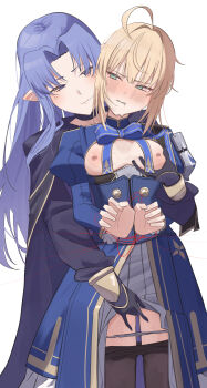 2girls absurdres ahoge armor artoria_pendragon_(fate) bdsm black_cloak blonde_hair blue_bow blue_dress blue_eyes blue_hair blush bondage bound bound_wrists bow breasts breasts_out cape cloak clothes_pull commission dress fate/stay_night fate_(series) female_focus fingering fingering_from_behind forced from_behind grabbing_another&#039;s_breast grabbing_from_behind green_eyes groping highres honkai:_star_rail honkai_(series) hug hug_from_behind long_hair medea_(caster)_(fate) medea_(fate) multiple_girls nemu_(jdgz3357) nipples no_bra panties panty_pull pantyhose pantyhose_pull pauldrons pixiv_commission pointy_ears saber_(fate) saber_(honkai:_star_rail)_(fate) saliva short_hair shoulder_armor simple_background single_pauldron small_breasts standing sweat thread underwear white_background white_dress wrists_tied_together yuri