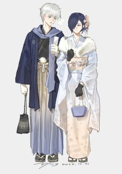 1boy 1girl absurdres artist_name black_gloves black_hair brown_flower commentary_request dated flower fur_trim gloves hair_flower hair_ornament hair_over_one_eye highres japanese_clothes kaneki_ken kimono kirishima_touka long_sleeves multicolored_kimono sandals short_hair socks star_(symbol) star_print tokyo_ghoul vjoos white_hair white_kimono