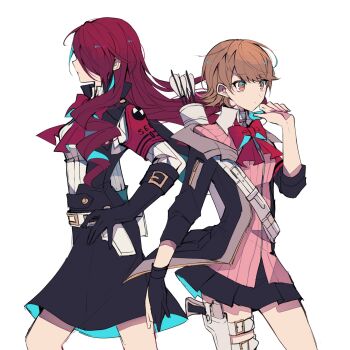 2girls archery_shooting_glove armband arrow_(projectile) back-to-back black_gloves black_jacket black_skirt bow bow_(weapon) bowtie brown_eyes brown_hair cardigan choker closed_mouth collared_shirt evoker feet_out_of_frame gekkoukan_high_school_uniform gloves hand_on_own_hip highres holster jacket kirijou_mitsuru long_hair miniskirt multiple_girls open_clothes open_jacket partially_fingerless_gloves persona persona_3 persona_3_reload pink_cardigan pleated_skirt quiver red_armband red_bow red_bowtie red_hair ribbed_cardigan s.e.e.s school_uniform shirt short_hair single_glove skirt takeba_yukari teketeke_(tasutekete) thigh_holster weapon white_background white_choker white_shirt