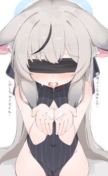 1girl absurdres animal_ear_fluff animal_ears bare_shoulders black_dress black_hair blindfold blue_archive blue_halo blush china_dress chinese_clothes clothing_cutout covered_navel cowboy_shot cum cum_in_mouth cum_on_body cum_on_hands cum_on_tongue cupping_hands diamond_cutout dress droopy_ears facing_viewer furrowed_brow grey_hair halo highres jacket kokona_(blue_archive) loli long_hair multicolored_hair nicomi-chan own_hands_together simple_background solo straight-on streaked_hair striped_clothes striped_dress striped_jacket sweatdrop tiger_ears tiger_girl tongue tongue_out translation_request vertical-striped_clothes vertical-striped_dress vertical-striped_jacket white_background