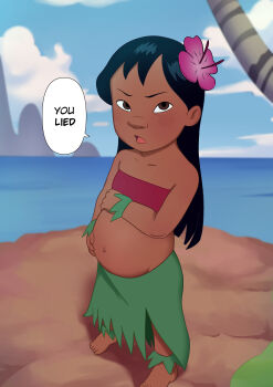 1girl absurdres bandeau barefoot black_hair brown_eyes commentary dark-skinned_female dark_skin english_commentary english_text flat_chest flower frown hair_flower hair_ornament highres leaf_skirt lilo_&amp;_stitch lilo_pelekai loli long_hair looking_at_viewer pregnant red_bandeau solo vyzov_tv