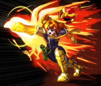 1girl absurdres assault_visor black_background blue_bodysuit bodysuit bow breasts buttons captain_falcon captain_falcon_(cosplay) clenched_hands commentary cosplay double-breasted f-zero falcon_punch flaming_hand gloves gun hair_bow handgun helmet highres holster holstered kosaka_honoka krakelak love_live! love_live!_school_idol_project medium_breasts medium_hair motion_lines nintendo one_side_up open_mouth orange_hair punching red_helmet solo speed_lines standing teeth twitter_username v-shaped_eyebrows weapon white_footwear yellow_bow yellow_gloves