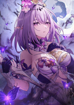 1girl absurdres bare_shoulders black_tiara breasts bug butterfly castorice_(honkai:_star_rail) commentary dress flower flower_ornament gloves hair_flower hair_ornament hal_aluha hand_on_own_chest highres holding holding_scythe honkai:_star_rail honkai_(series) insect long_hair medium_breasts parted_lips pointy_ears purple_butterfly purple_eyes purple_gloves purple_hair scythe solo tiara upper_body white_dress