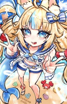Rule 34 | 1girl, absurdres, ahoge, animal ear fluff, animal ears, beach, blonde hair, blue bow, blue eyes, blue hair, blue nails, blue scrunchie, bow, cat ears, crab, double v, dress, exodamartworks, fins, fish girl, fish tail, highres, indie virtual youtuber, kaniki (sameko saba), long hair, looking at viewer, low twintails, midriff, multicolored hair, navel, sameko saba, scrunchie, seashell, shell, smile, streaked hair, tail, twintails, v, virtual youtuber, white dress, wrist scrunchie