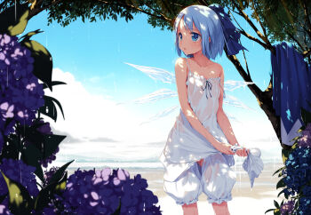 1girl bare_shoulders bloomers blue_eyes blue_hair blue_sky blush bow camisole cirno clothing_cutout cloud collarbone crotch_cutout crotchless crotchless_bloomers dappled_sunlight day dress female_focus flat_chest flower groin hair_bow highres hydrangea ice ice_wings ke-ta matching_hair/eyes no_panties open_clothes partially_visible_vulva rain see-through_clothes short_hair sky solo strap_slip sunlight touhou tree tree_shade underwear unworn_clothes unworn_dress water wet wet_clothes white_bloomers wings wringing wringing_clothes