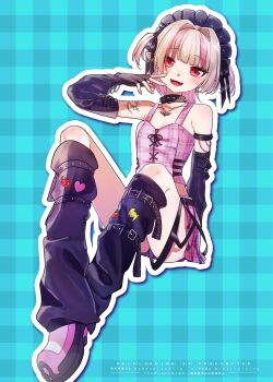 1girl arm_belt arm_strap bare_shoulders belt black_arm_warmers black_belt black_bow black_collar black_headdress black_leg_warmers black_straps blunt_bangs blush bow breasts chain chain_bracelet chain_necklace collar collarbone colored_inner_hair crop_top cross-laced_clothes cross-laced_top ear_cuffs fangs fingerless_gloves flame_print food_print fruit_print full_body gloves grey_hair hair_bobbles hair_bow hair_intakes hair_ornament hand_to_own_mouth heart heart_print highres jewelry knees_apart_feet_together knees_up leg_belt leg_warmers lightning_bolt_print looking_at_viewer loose_belt maid_headdress makaino_ririmu makaino_ririmu_(6th_costume) midriff miniskirt multicolored_hair multiple_belts necklace nijisanji no_jacket open_mouth outline pendant pink_background pink_hair pink_shoes pink_skirt pink_streaks plaid_background plaid_clothes plaid_skirt pleated_skirt pointy_ears red_eyes revision shoes short_hair shoulder_tattoo sitting skirt sleeveless small_breasts smile solo sora42067 spiked_collar spikes star_(symbol) strawberry_print streaked_hair studded_belt tattoo thigh_strap two-tone_hair two_side_up virtual_youtuber white_outline wolf_cut zipper_top