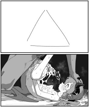 1boy 1girl aftersex asahina_yoshitoshi blue_archive blush breasts completely_nude cum cum_on_body cum_on_penis cum_on_stomach cum_string demon_horns demon_wings erection greyscale halo head_grab hetero highres horns junko_(blue_archive) long_hair looking_at_penis monochrome nipples nude penis sketch small_breasts solo_focus uncensored wings