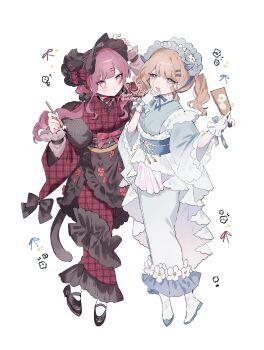 2girls animal_ears black_bonnet black_bow black_kimono black_shoes blonde_hair blue_boots blue_bow blue_eyes blue_hairband blue_horns blue_kimono blunt_bangs blush bonnet boots bow calligraphy_brush cat_ears cat_girl cat_tail check_copyright chin_strap commentary_request commission copyright_request cross-shaped_pupils frilled_hairband frilled_kimono frills full_body fur-trimmed_kimono fur_trim glove_bow gloves hagoita hair_ornament hairband hairclip hand_to_own_mouth hand_up hands_up highres holding holding_calligraphy_brush holding_paddle holding_paintbrush horns japanese_clothes kimono lolita_fashion lolita_hairband long_hair long_sleeves looking_at_viewer mary_janes medium_hair multicolored_kimono multiple_girls najimaru obi obiage obijime open_mouth original paddle paintbrush parallel_hairclips plaid_bow plaid_clothes plaid_kimono pom_pom_(clothes) pom_pom_hair_ornament red_hair red_kimono sash shoes simple_background socks standing swept_bangs symbol-shaped_pupils tail twintails twitter_username unmoving_pattern wa_lolita watermark white_background white_boots white_gloves white_socks wide_sleeves