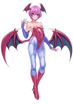 1girl animal_print bare_shoulders bat_print bat_wings blue_pantyhose boots breasts bridal_gauntlets clothing_cutout commentary darkstalkers demon_girl diamond_cutout english_commentary full_body head_wings highleg highleg_leotard highres leotard lilith_(darkstalkers) looking_at_viewer off-shoulder_leotard pantyhose print_pantyhose purple_hair red_boots red_eyes red_leotard short_hair simple_background small_breasts solo volyz white_background wings