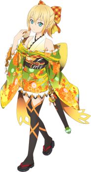 Rule 34 | 1girl, artist request, black sandals, black thighhighs, black umbrella, blonde hair, blue eyes, closed umbrella, edna (tales), full body, game cg, hair ornament, highres, holding, holding umbrella, japanese clothes, kimono, looking at viewer, medium hair, normin (tales), official alternate costume, official art, phoenix (tales), ribbon, sandals, short kimono, solo, tales of (series), tales of asteria, tales of zestiria, thighhighs, third-party source, transparent background, umbrella