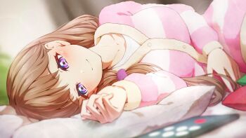 1girl alternate_costume blurry blurry_background blurry_foreground blush breasts brown_hair cardigan cellphone closed_mouth collarbone commentary_request cowboy_shot depth_of_field fujishima_megumi happy highres incoming_call large_breasts light_particles link!_like!_love_live! looking_at_viewer love_live! lying on_side phone pink_cardigan prbili shirt smartphone smile solo split_mouth striped_cardigan virtual_youtuber white_shirt