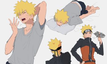 Rule 34 | 1boy, arm behind head, barefoot, black headband, black jacket, black shorts, black sleeves, blonde hair, blue eyes, cf nrt, closed eyes, drooling, facial mark, from behind, furrowed brow, grey shirt, hair between eyes, hand on own hip, hand to own mouth, headband, highres, holding, holding kunai, holding weapon, jacket, jumpsuit, konohagakure symbol, kunai, male focus, midriff peek, mouth drool, multicolored jacket, multiple views, naruto (series), orange jacket, orange jumpsuit, orange pants, pants, pillow, shirt, short hair, shorts, simple background, solo, spiked hair, spinning weapon, squiggle, t-shirt, two-tone jacket, uzumaki naruto, weapon, whisker markings, yawning