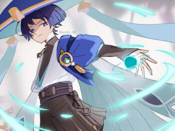 Rule 34 | 1boy, amhr 46, aqua gem, arm at side, artistic error, belt, black belt, black bodysuit, black bow, black bridal gauntlets, black shorts, blue cape, blue hat, blue kimono, blue sleeves, blunt ends, bodysuit, bow, bridal gauntlets, bright pupils, cape, closed mouth, feathers, from below, furisode, gem, genshin impact, glowing pupils, gold, grey background, hakama, hakama shorts, hat, japanese clothes, jingasa, juban, kimono, looking at viewer, looking down, male focus, open clothes, open hand, open kimono, pleated shorts, pom pom (clothes), purple eyes, purple hair, purple rope, purple sash, ringed eyes, rope, sash, scaramouche (genshin impact), short sleeves, shorts, smile, solo, turtleneck, turtleneck bodysuit, twitter username, vortex, wanderer (genshin impact), white kimono, white pupils, wings, yellow feathers