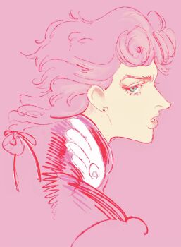 1boy a_io_u curly_hair earrings giorno_giovanna green_eyes highres jacket jewelry jojo_no_kimyou_na_bouken long_hair looking_at_viewer male_focus pale_skin parted_lips pink_background pink_hair pink_jacket pink_theme profile sketch solo upper_body vento_aureo