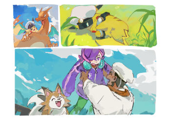 1boy 1girl bright_pupils captain_pikachu carrying charizard cloud day dot_(pokemon) gen_1_pokemon gen_7_pokemon green_pants hat headphones jacket lycanroc lycanroc_(midday) maumaujanken multicolored_hair murdock_(pokemon) nintendo open_mouth outdoors pants pikachu pink_hair pokemon pokemon_(anime) pokemon_(creature) pokemon_horizons purple_eyes purple_hair purple_jacket sky two-tone_hair uncle_and_niece white_hat white_pupils zipper_pull_tab