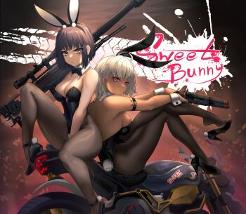 Rule 34 | 2girls, absurdres, ahoge, alternate costume, animal ears, bare shoulders, black footwear, black hair, black leotard, black nails, black pantyhose, bob cut, bow, bowtie, breasts, brown pantyhose, cleavage, closed mouth, commentary, dark-skinned female, dark skin, detached collar, english commentary, english text, fake animal ears, fake tail, from side, full body, goddess of victory: nikke, gun, high heels, highres, holding, holding gun, holding weapon, leotard, looking at viewer, looking to the side, milk (nikke), motor vehicle, motorcycle, multiple girls, pantyhose, playboy bunny, rabbit ears, rabbit tail, rail (weapon), red eyes, rifle, scope, serious, short hair, shotgun, sitting, sniper rifle, strapless, strapless leotard, sugar (nikke), syde b, tail, weapon, white hair, wrist cuffs