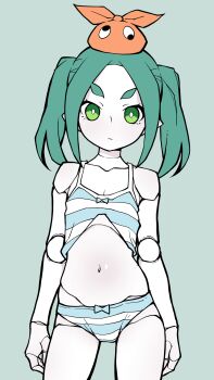 1girl akableak aqua_background aqua_hair arms_at_sides bright_pupils camisole closed_mouth collarbone cowboy_shot doll_joints expressionless flat_chest green_eyes hair_ornament highres hikimayu joints loli looking_at_viewer medium_hair monogatari_(series) navel ononoki_yotsugi pale_skin panties parted_bangs pointy_ears rabbit_hair_ornament simple_background solo standing stomach striped_camisole striped_clothes striped_panties twintails underwear white_pupils