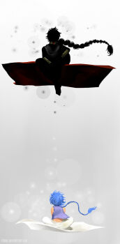 2boys aladdin_(magi) bare_arms blue_hair blue_vest bracelet braid braided_ponytail butterfly_sitting carpet fireflies gem highres jewelry judal light_particles long_hair magi_the_labyrinth_of_magic magic_carpet male_focus multiple_boys pants paunz silhouette simple_background single_braid sitting turban vest white_background white_pants