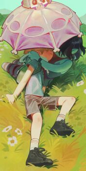 1boy 1girl adventure_time age_difference black_hair blonde_hair child commentary dress english_commentary finn_the_human flower grass hetero highres marceline_abadeer marceline_abadeer_(henchman) official_alternate_costume outdoors pantyhose pointy_ears shoes shorts skull smile sneakers umbrella wamudraws