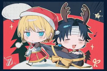 2boys alternate_costume antlers bandaged_head bandages black_hair blank_speech_bubble blonde_hair blue_eyes blush chibi chibi_only chrollo_lucilfer closed_mouth commentary deer_antlers earrings hat highres horns hunter_x_hunter jewelry kurapika male_focus multiple_boys musical_note open_mouth santa_costume santa_hat sevenlistening short_hair speech_bubble standing symbol-only_commentary walking