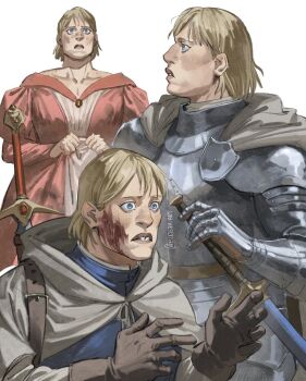 1girl a_song_of_ice_and_fire armor blonde_hair blue_eyes breastplate brienne_of_tarth brown_gloves buck_teeth cape collarbone dress etceteraart gauntlets gloves knight multiple_costumes muscular muscular_female parted_lips pauldrons pink_dress short_hair shoulder_armor sword teeth weapon