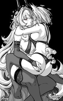 2girls animal_ears arknights bra breasts bridal_gauntlets extra_ears furauji greyscale hand_on_another&#039;s_ass horns kal&#039;tsit_(arknights) large_breasts long_hair medium_hair monochrome multiple_girls nipples panties parted_lips pink_eyes sitting sitting_on_lap sitting_on_person spot_color tail tail_wagging theresa_(arknights) thighhighs underwear very_long_hair yuri