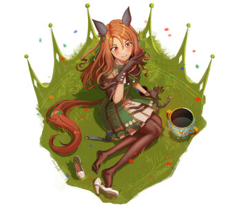 1girl animal_ears bare_shoulders black_gloves black_thighhighs blush bow breasts brown_hair closed_mouth confetti dress ear_bow ear_covers ear_ribbon gloves green_bow green_dress hair_between_eyes haonfest highres horse_ears horse_girl horse_tail king_halo_(king_of_emeralds)_(umamusume) king_halo_(umamusume) long_hair looking_at_viewer medium_breasts off-shoulder_dress off_shoulder ojou-sama_pose red_eyes shoes sitting smile solo tail thighhighs umamusume unworn_shoes vase yokozuwari