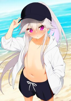 1girl alternate_breast_size_(smaller) baseball_cap beach black_hat blush bright_pupils closed_mouth collarbone commentary_request convenient_hair cowboy_shot day embarrassed eyelashes eyes_visible_through_hair flat_chest floating_hair flower furrowed_brow grey_hair hair_between_eyes hair_flower hair_ornament hair_over_breasts hanasaki_work_spring hand_in_pocket hand_on_headwear hand_up hat highres hood hooded_jacket jacket long_hair long_sleeves looking_at_viewer male_swimwear male_swimwear_challenge mrkms612 navel nose_blush ocean open_clothes open_jacket outdoors ponytail purple_eyes shiranui_inori sidelocks solo stomach swim_trunks very_long_hair wavy_mouth white_jacket white_pupils