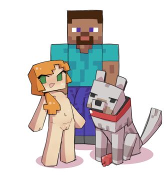 1girl 2boys aged_down alex_(minecraft) animal animal_penis blush bulge clothed_male_nude_female commentary completely_nude dark-skinned_male dark_skin dog english_commentary erection erection_under_clothes green_eyes gummuru height_difference highres large_penis loli looking_at_viewer minecraft multiple_boys navel nervous nervous_smile nervous_sweating nipples nude orange_hair penis pussy simple_background smile steve_(minecraft) sweat sweatdrop uncensored white_background
