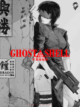 1girl black_hair bullet_hole copyright_name cropped_legs ghost_in_the_shell gun head-mounted_display highres holding holding_gun holding_weapon jhony_caballero kusanagi_motoko magazine_(weapon) medium_hair science_fiction solo submachine_gun taking_cover thigh_strap trigger_discipline weapon
