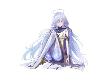 Rule 34 | 1girl, commentary, earrings, fuyuame5089, hair over one eye, halo, highres, jacket, jewelry, knees up, long hair, looking at viewer, mornye (wuthering waves), open mouth, panties around knees, red eyes, see-through body, simple background, sitting, solo, tacet mark (wuthering waves), thighs, triangle earrings, white background, white jacket, wuthering waves