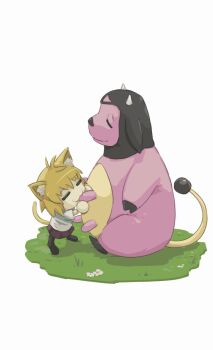 1girl animal_ears blonde_hair cat_ears cat_girl cat_tail cow_horns crossover gen_2_pokemon horns miltank neco-arc nintendo pokemon pokemon_(creature) purple_skirt skirt sweater tail tsukihime tyrone udder white_sweater