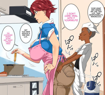 1boy 1girl age_difference ass aunt_and_nephew blush breasts brown_hair bulge buttjob dark-skinned_male dark_skin english_text erection erection_under_clothes grabbing_from_behind interracial jewelry large_penis medium_hair mosquito_man netorare original penis ring rubbing shota size_difference speech_bubble wedding_ring