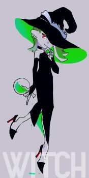 1girl bottle bridal_gauntlets choker dress ear_piercing earrings english_text full_body green_hair green_nails hair_over_one_eye halloween_costume hat high_heels imaikuy0 jewelry lips looking_to_the_side multiple_earrings nail_polish nintendo official_alternate_costume piercing potion red_eyes ring shiver_(splatoon) solo spill spilling splatoon_(series) splatoon_3 spot_color tentacle_hair witch_hat