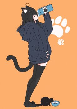 1girl absurdres animal animal_ears black_hoodie black_thighhighs bowl cat cat_ears cat_girl cat_tail closed_eyes drink_carton drinking from_side hand_on_own_hip highres hood hood_down hoodie megateru milk_carton orange_background original paw_print paw_print_background profile simple_background standing tail thighhighs