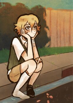 Rule 34 | 1boy, bandaged arm, bandages, bandaid, bandaid on knee, bandaid on leg, basil (faraway) (omori), basil (omori), black eyes, blonde hair, blue sky, blush, brown shorts, closed mouth, collared shirt, commentary, day, double-parted bangs, english commentary, fence, green sweater vest, hair between eyes, highres, male focus, omori, ottie pops, outdoors, shirt, shoes, short hair, short sleeves, shorts, sidewalk, single shoe, sitting, sky, solo, sweater vest, white shirt